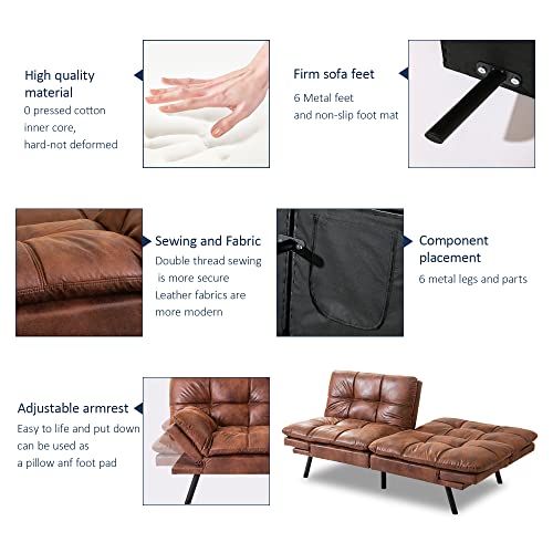 Opoiar Futon Sofa Bed Brown Faxu Memory Foam Leather Futon Split Seat,Modern Sleeper Sofa Love Seat，Folding Modern Sleeper Sofa For Small Space/Drom/Office/Apartment #TOP3