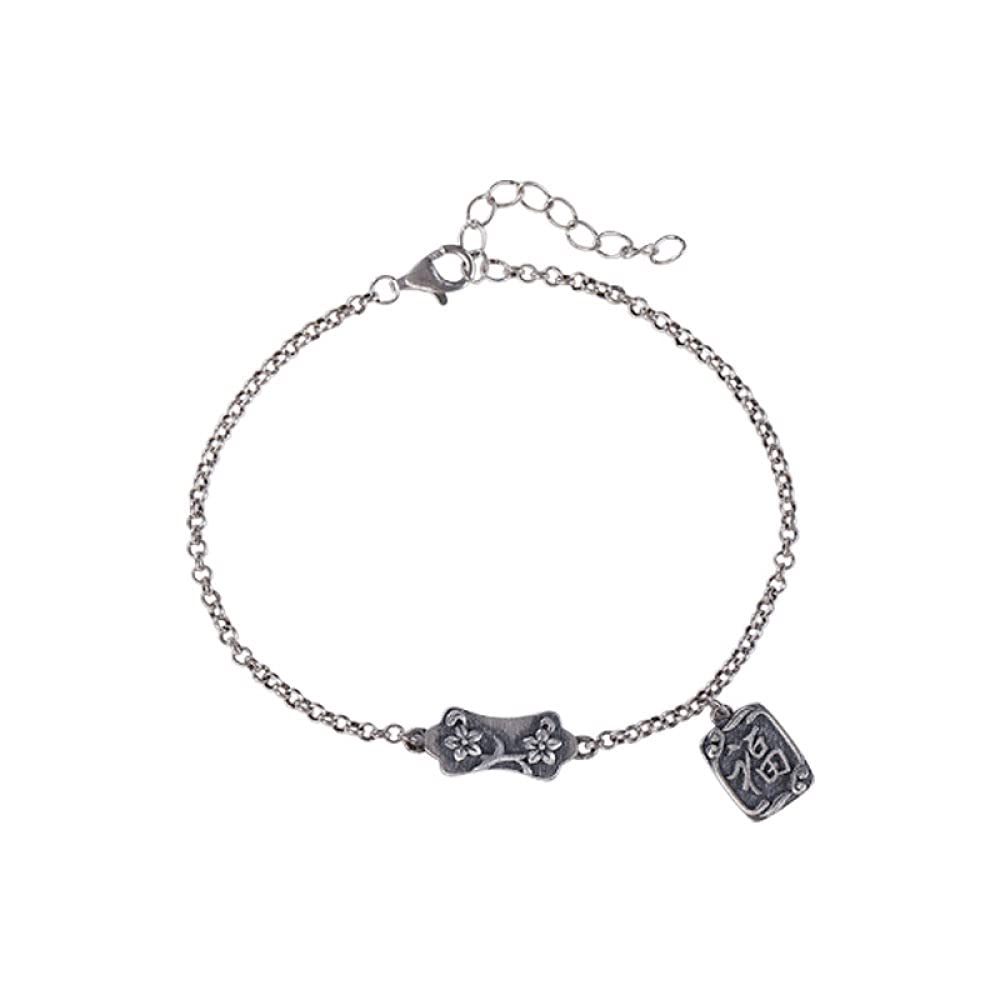 Girls Accessories Bracciale in Argento Sterling 925 Vintage per Donna Semplice Fiore di pruno Fu Parola Opaca Gioielli Classici Fascino Spiaggia Estiva Birthday Gift