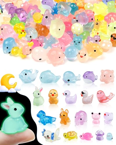 FIVEIZERO 100PCS Luminous mini Resin Animals Bulk - 20 Styles Glow in The Dark Plastic Tiny Animals Figures for Dollhouse, Fairy Garden, Aquarium,...