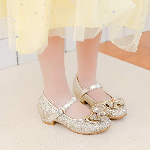 Furdeour Gold Mary Jane Glitter Shoes Girls Size 2 High Heel Party Little Kid Dress Shoes High Heels 10Yr Teen Flower Little Kid Girl Sequins Princess Wedding Prom Bridesmaid Cheap (Gold 2) #TOP1