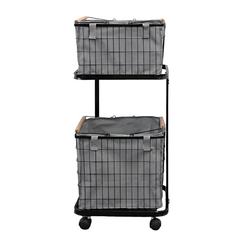7 Life ランドリーワゴン 洗濯カゴ 二段 洗濯かご 2段 かご ランドリー ランドリーワゴン キャスター付き ランドリー バスケット 2段 キャスター 洗濯かご 簡単組み立て おしゃれランドリーワゴン 大容量 (ブラック(袋付))