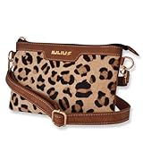 iulius Cartera de Mano para Mujer, Clutch Negro de Cuero Genuino con Solapa de Pelo Animal Print, con Cremallera. Correa de Muñeca Extraíble y Correa para colgar al Hombro (Leopardo)