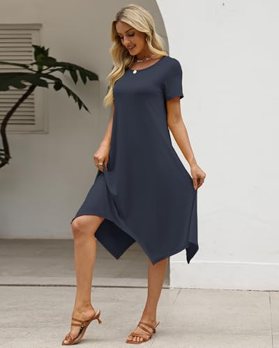 Image of COSSEN Women's 2026 Summer Midi Dress Crew Neck Short Sleeve Casual Tshirt Flowy Loose Sundress with Pockets