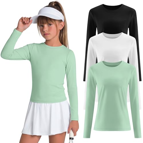 LessonZoo 3 Pack Girls Rash Guard Shirt Kids Long Sleeve Athletic Shirts Quick Dry Tops Crewneck Basic Tees for Sports(Mint Green, White, Black,11-12 Years)