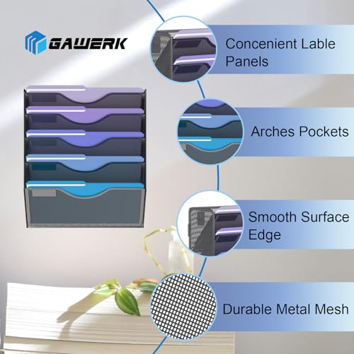 Gawerk 5 Tier Hanging Wall File Organizer, Mesh Mail Paper Orgnization Hanging File Folder Holder for Home Office, Black - Thumbnail 3
