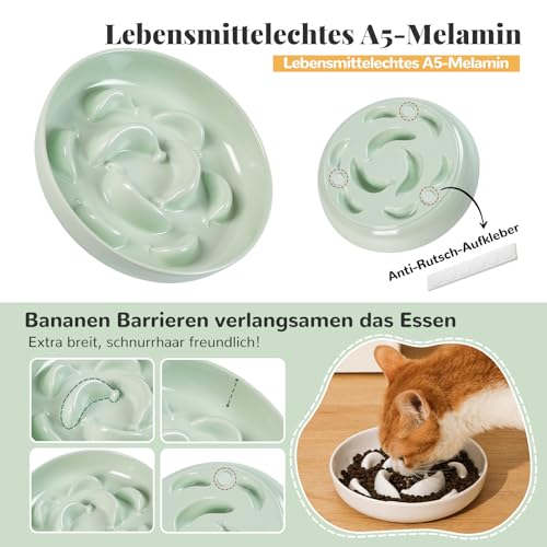 Antischlingnapf Katze Set aus Melamin - 3 Stück Futternäpfe für langsames Fressen - Katzennäpfe in Pastellfarben - Fressnäpfe für Katzen - Weiß, Blau und Grün