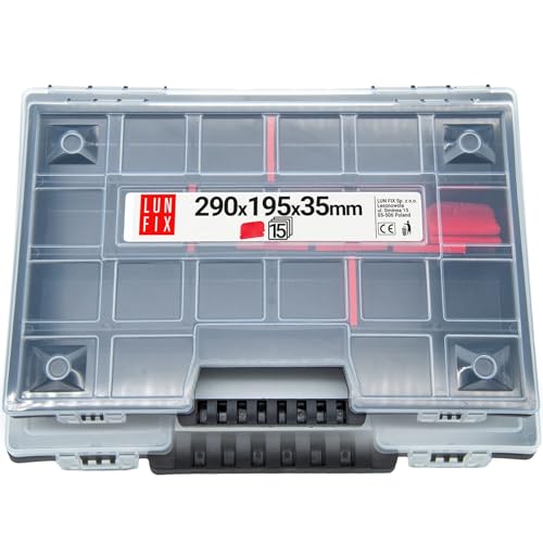 Lun Fix Caja organizadora 290 x 195 x 35 mm, 23 compartimentos; plástico con tapa de polipropileno transparente; incluye separadores; caja clasificadora para piezas pequeñas para taller, hogar, garaje