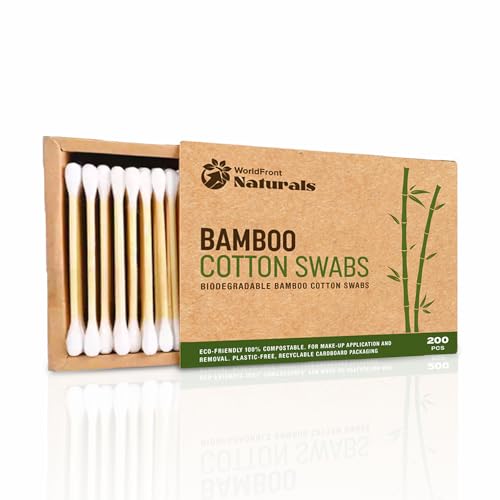 Image of WorldFront Naturals Biodegradable Bamboo Cotton Swabs 200pcs - Eco-Friendly Natural Cotton Buds - Premium and Organic Multi Use, Makeup Removal, Earwax Removal, Art and Crafts