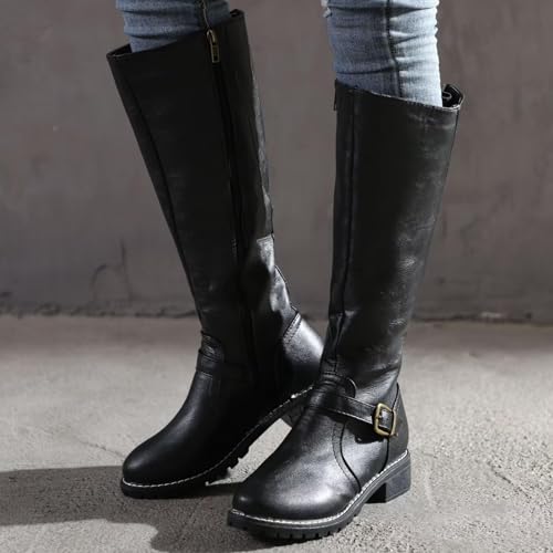 Womens's Knee High Boots Low Heel Wide Calf Round Toe Tall Riding Boots Side Zipper Slouchy Buckle Strap Western Booties3