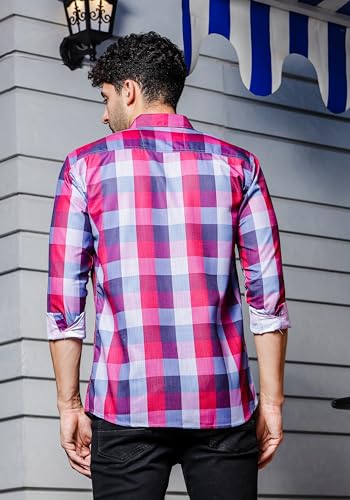 Image of IndoPrimo Men's Cotton Shirt with Spread Collar Neck Line Checks Printed Pattern Half Sleeves Regular Fit Western Style and Standard Length
