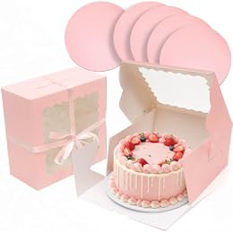 qiqee 10"x10"x5" Cake Box, 36 Sets Pink Cake Box with Window ＆ 36 Sets 10" Pink Cake Round Boards, for Cake, Treat Cookie Dessert, Pastry, Birthday Party, Weddings