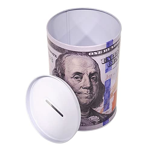 8.25” Reusable And Durable 100 Dollar Bill Piggy Bank Tall Coin Metal Money Saving Currency Benjamin Franklin Note Tin Can Banknote Jar (1Pc) #TOP1