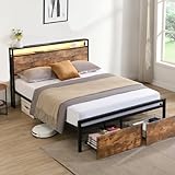 Vocuer Full Size Bed Frame with headboard Platform Bed Frames, Bed Frame no Box Spring Needed Full Bed Frame Metal Base de cama Bedroom Modern Bed fram Sturdy with Storage drawers LED lights USB Brown