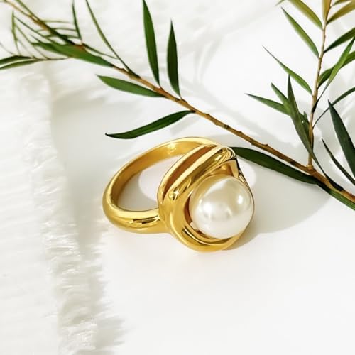 Kokoma Fashion Pearl Statement Ring for Women Gold-Tone Stainless Steel Minimalist Stacking Promise Ring Engagement Wedding Band Birthday Comfort Fit4