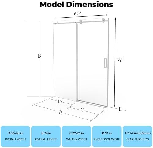 Garvee Shower Doors, Frameless Sliding Door 56-60" W x 76" H - 1