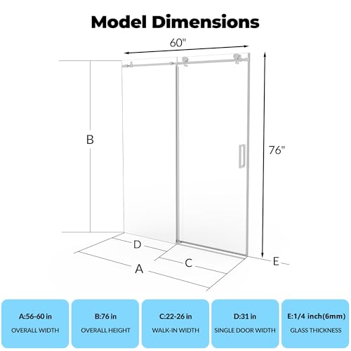 Garvee Shower Doors, Frameless Sliding Door 56-60" W x 76" H