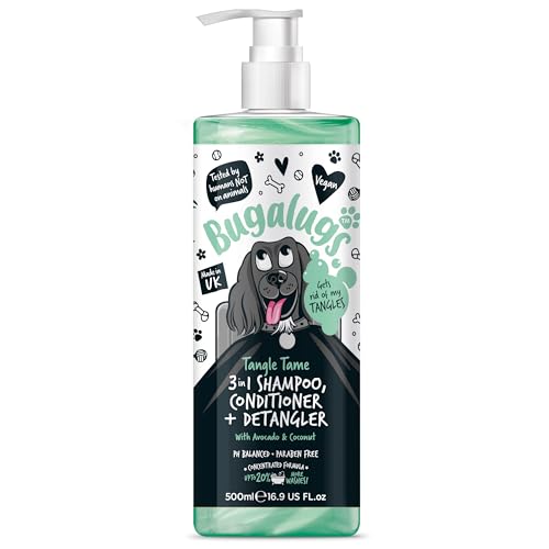 BUGALUGS Dog Shampoo Tangle Tame 3 in 1 Avocado & Coconut dog grooming shampoo conditioner & detangler - products for smelly dogs with fragrance best puppy shampoo professional groom (500ml)