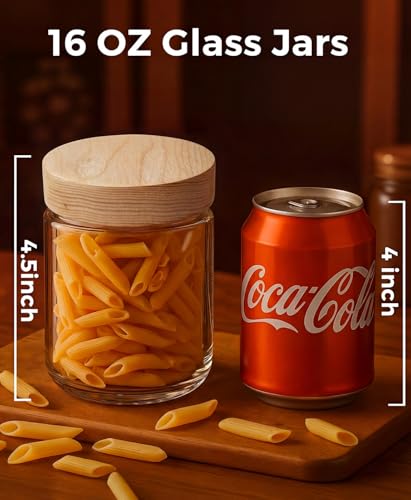 Image of 16oz 4 Pack Glass Mason Jars Overnight Oats Containers with Ashwood Lid | Airtight Chia Seed Pudding Jars with Screw on Top Wide Mouth Food Storage Jar for Meal Prep, Yogurt, Spice, Herb and Tea
