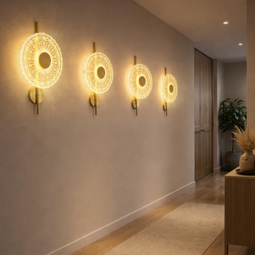 Image of Monolith Lumiround Wall Light | 3 Color LED Wall Sconce | Antique Gold Acrylic Decorative Wall Lamp | Modern Indoor Lighting for Bedroom, Living Room & Entryway, Staircase, Hallway | Pack of 1