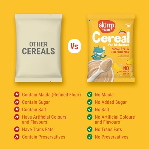 Slurrp Farm Baby Cereal Trial Pack | 6 Flavors: Strawberry, Mango, Banana, Sathu Maavu, Millet Oat & Ragi Almond | No Added Sugar or Salt | Ready-to-Eat Baby Cereal | 10.58 Oz (Pack of 6)