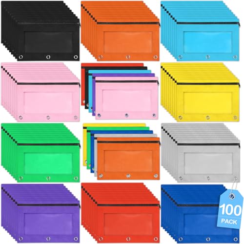 SpringFlower 100 Pack Pencil Pouch, Pencil Pouch for 3 Ring Binder with Smooth Zipper Pouch Bulk in 10 Assorted Colors, School and Office Supplies with Clear Window