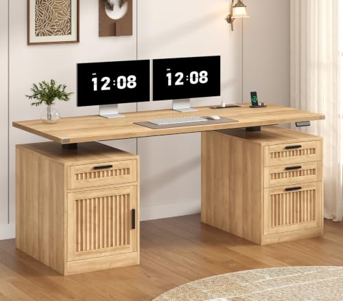 60" Fluted Electric Standing Desk with Drawers for Home Office, Oak