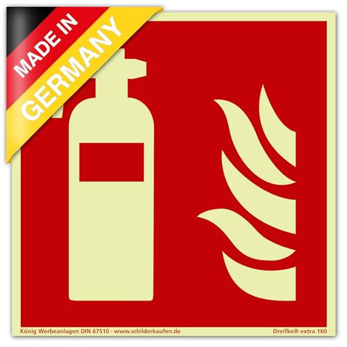 Schild Feuerlöscher | extra langnachleuchtend | PVC selbstklebend 148x148mm | DIN EN ISO 7010 F001 | DIN 67510 (Brandschutzzeichen) Dreifke® extra 160