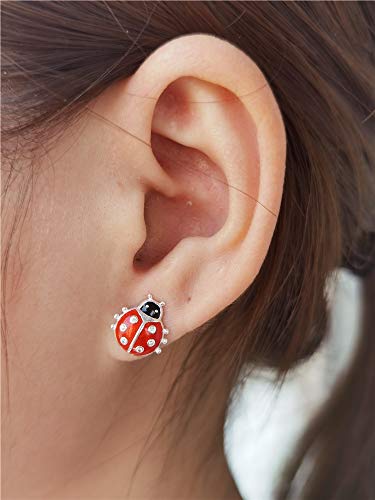 Cute Ladybug Tiny Stud Earrings for Women Girls 925 Sterling Silver Hypoallergenic Dainty Red Bugs Black Head Small Lucky Post Tragus Fashion Animal Jewelry Birthday Christmas Gifts for Daughter2