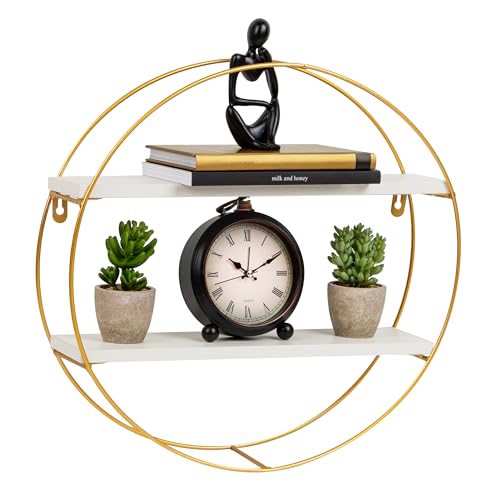 Mind Reader Floating Round Wall Shelves Gold Metal Frame with Dual White Display Shelves Decorative Wall-Mounted Organizer for Living Room Office or Bathroom Metal. MDF White