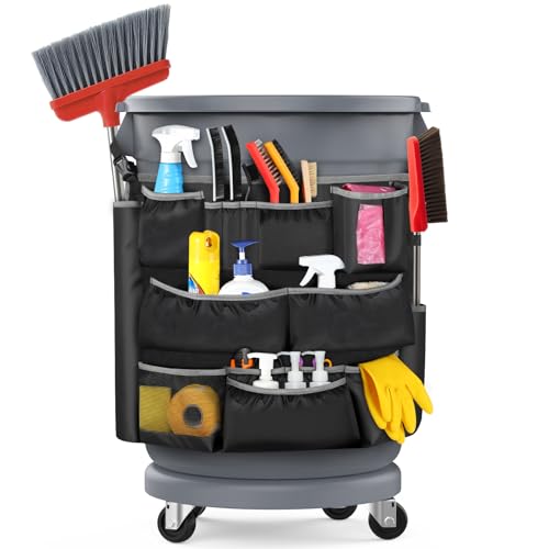 Housolution Trash Can Caddy Bag, Upgraded 3 Tier Large Capacity Cleaning Supplies Bag, Fits for 32-55 Gallon Garbage Bin, 15 Pockets Cleaning Tool Storage Organizer for Housekeeping & Janitorial
