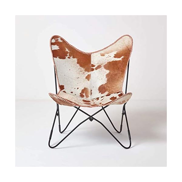 HOMESCAPES Leather Butterfly Chair Vintage Style Retro Armchair with Black Steel Hairpin Legs 100% Real Leather Cow Hide Modern BKF Sling Chair Accent Chair Seat