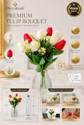 Image of Divyakosh Artificial Flowers Bunch (Vase Not Included). Artificial Flower for Vase Flower Bouquet Gift Red & White Tulip Artificial Flower Bouquet for Living Room, Dining Table, Floral Arrangement