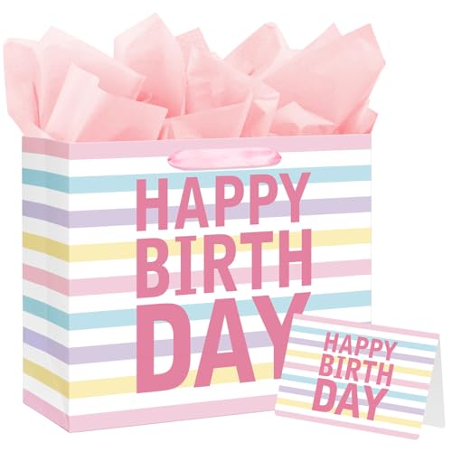 Laidans 13 Inch Large Happy Birthday Gift Bag with Tissue Paper & Card