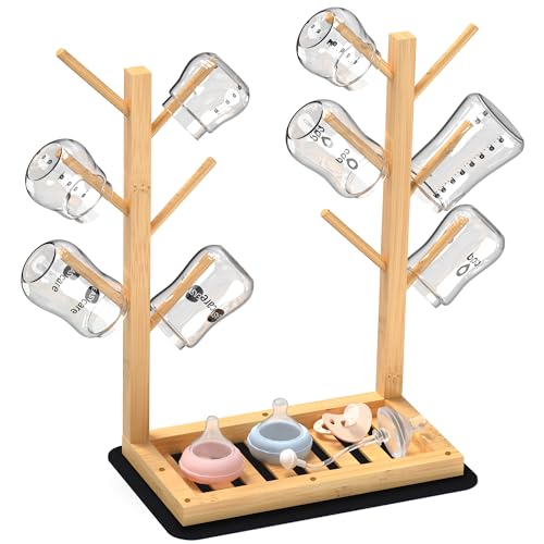 Image of Alytree Baby Bottle Drying Rack, Vertical Bamboo Bottle Dryer Holder with Water Absorbent Pad, Space Saving Baby Bottle Organizer for Baby Bottles, Pump Part & Accessories(Natural, 12 Bottles)