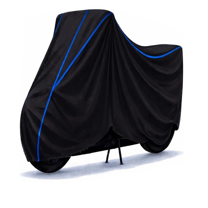 Image of Interceptor 650 Standard Bike Cover Water Resistant Universal Motorcycle Rain | Heavy Duty UV Protection, Dust, Scratch Indoor Outdoor All Weather with Black Blue Piping Elastic