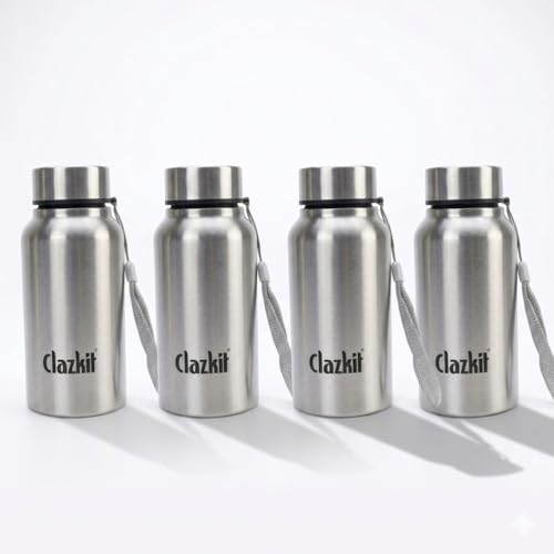 Clazkit Stainless Steel Water Bottle, 500 ml - Single-Walled, Spill-Proof, Food Grade Steel | Fridge, Office, School, Travel, Gym, Car (Silver) Pack Of 4