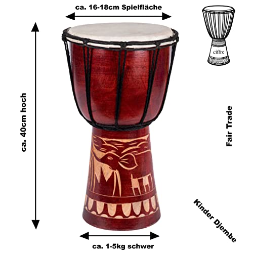 Djembe Trommel 40 cm mit Elefant Motiv aus Mahagoni Holz