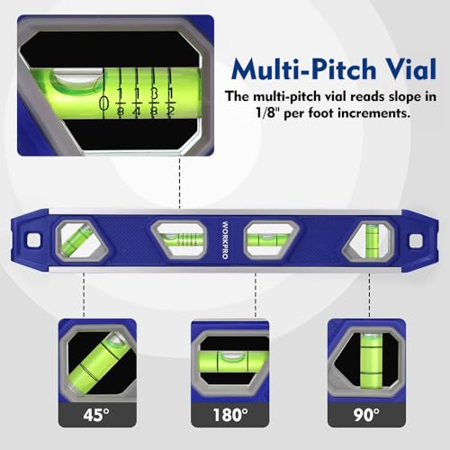 Image of WORKPRO 12 Inch Magnetic Torpedo Level, Blue | Aluminum Frame, 4 Bubbles with Pitch Vial, V-Groove for Conduit, for Plumbers, Electricians, Carpenters & DIYers