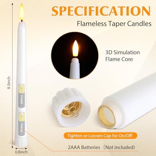 Image of Baquler 100 Pcs 8.5 Inch Flameless Taper Candles Battery Operated Taper Candles Bulk LED Flickering White Candlesticks for Wedding Church Table Centerpiece Halloween Christmas Party Decor