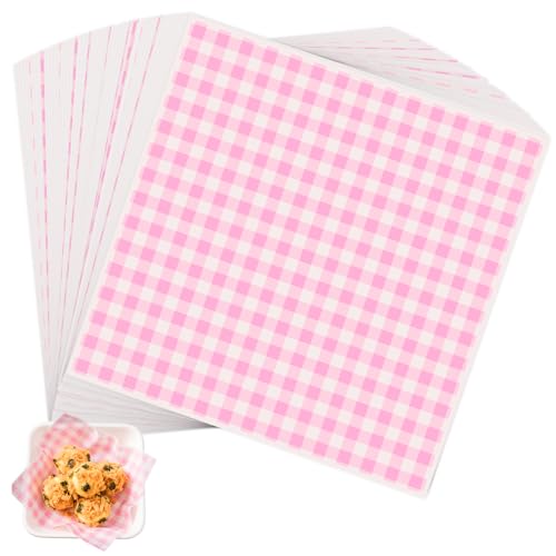 100pcs Waxed Deli Paper Sheets 7x7 Food Basket Liners for Sandwiches Burgers. Pink Checkered Deli Wrap Wax Paper Sheets by Neyimqr
