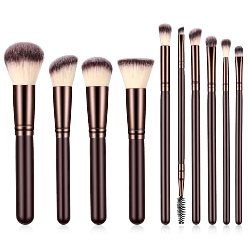 10 Pcs Brown Makeup Brushes Set Professional Face Brush Set Wooden Handle Make Up Brush Sets Soft Synthetic Bristles Eyeshadow Concealer Foundation Powder Blush Complete Brushes for Women