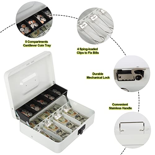 Polspag Cash Box with Combination Lock, Metal Money Box with Cash Tray, Lock Safe Box, 4 Bill/5 Coin Slots, 11.8L x 9.5W x 3.5H Inches, White