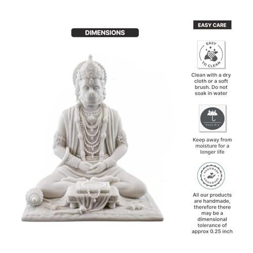 Image of Karigaari India White Marble Finish Hanuman Idol Sitting in Meditation Pose | Bajrangbali Murti for Home Temple Office Car Dashboard | Decorative Spiritual Figurine for Puja & Gifting