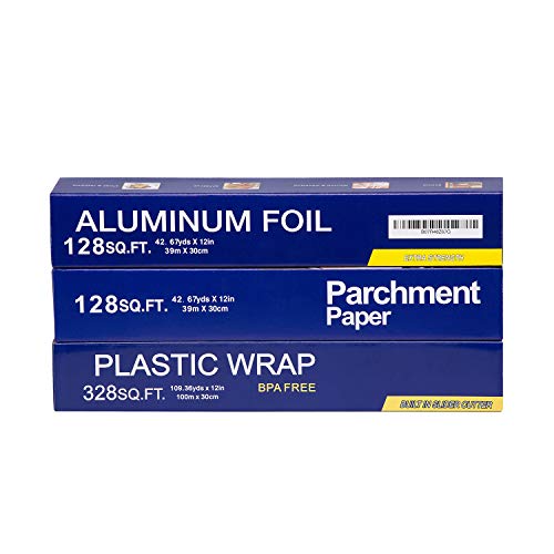 Baking Parchment Paper 128 SQ FT, Standard Aluminum Foil Paper 128 SQ FT, Quick Cut Plastic Food Wrap 328 SQ FT, 3 Packs