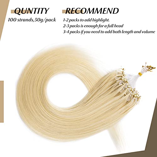 Sego Micro Beads Hair Extensions Human Hair 14 Inch Bleach Blonde Micro Loop Human Hair Extensions Natural Straight Micro Ring Human Hair Extensions 50G 100 Strands Cold Fusion Hair Extension 613# #TOP4