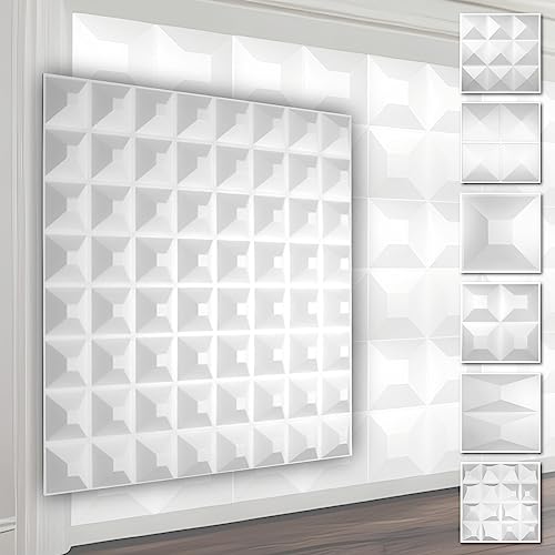 Panneaux muraux 3D en PVC - Revêtement mural blanc avec optique 3D - motifs pyramidaux (2QM paquet économique HD005 50x50cm) Panneau de plafond revêtement mural