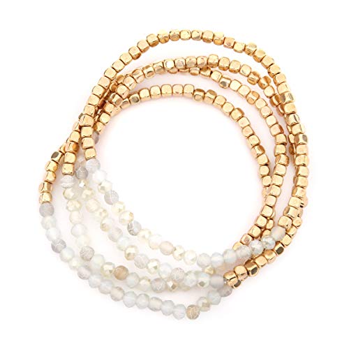 Riah Fashion Delicate Boho Beaded Multi Layer Versatile Statement Bracelets - Stackable Stretch Strand Cuff Bangles Sparkly Crystal, Natural Stone, Tassel Charm (Delicate Natural Stone & Gold Mix) #TOP2