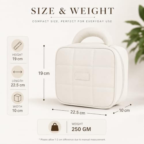 Image of WEMOL Travel Fashion Cosmetic Organizer Bag, Quilted -(Quilted - Ivory) | Detachable Pouch, Super Soft, For Brushes, Toiletries, Cosmetics, For Women