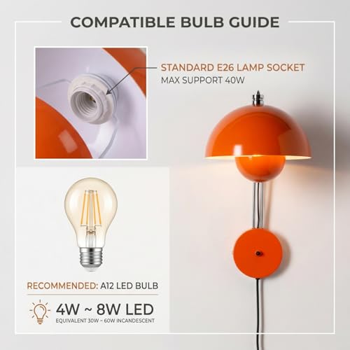 Image of Mid-Century Modern Bud Plug in Wall Sconces for Bedroom, Pastel Orange | Indirect lighting reading wall lamp, all-metal construction, plug-in or hardwired install, fits bedroom bedside, living room