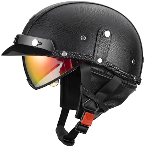 QUICKOOL Half Helmet Motorcycle Men Women Adult Open Face Motorcycle Helmets with Sun Retractable Visor DOT Certified (Black-Colorful Visor,M)